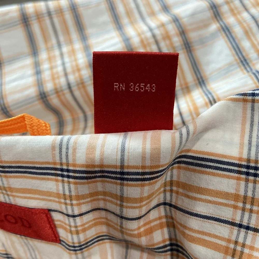 IZOD Short Sleeve Button-Down Shirt‎ Mens Size M Plaid Orange Navy White Logo